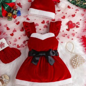 Baby Girl Ruffle Trim Belted Bodysuit Dress & Hat Red