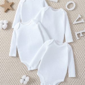 SHEIN Newborn Baby Girl Four Seasons Wearable, Autumn And Winter Latest Models, Essential Tops Four-Piece Set, Practical And Versatile All-Match Solid Color Baby Tops, Baby Romper White