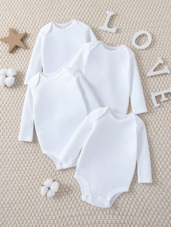 SHEIN Newborn Baby Girl Four Seasons Wearable, Autumn And Winter Latest Models, Essential Tops Four-Piece Set, Practical And Versatile All-Match Solid Color Baby Tops, Baby Romper White