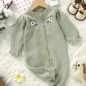 Baby Girl Casual Floral Embroidery Sweater Jumpsuit Mint Green