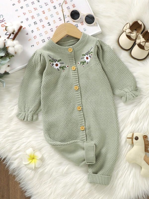 Baby Girl Casual Floral Embroidery Sweater Jumpsuit Mint Green