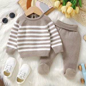 Baby Girl Striped Pattern Raglan Sleeve Sweater & Footed Knit Pants Khaki