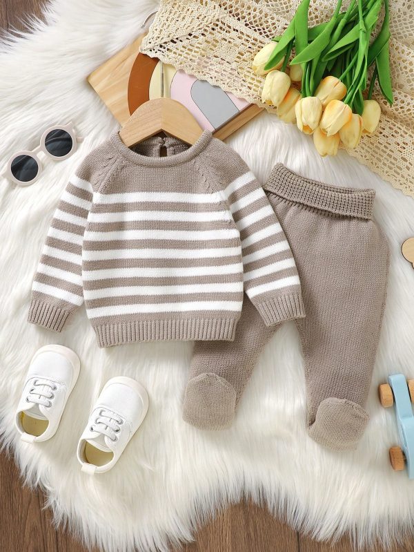 Baby Girl Striped Pattern Raglan Sleeve Sweater & Footed Knit Pants Khaki