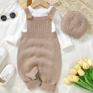 SHEIN Vintaside Kids Baby Boy Simple Retro Casual Overall Sweater Jumpsuit Khaki