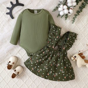 Baby Girl Casual Solid Color Long-Sleeved Bodysuit And Floral Suspender Skirt Suit Autumn And Winter Green