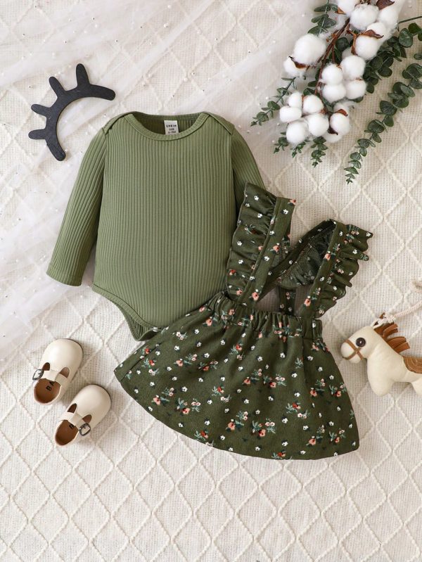 Baby Girl Casual Solid Color Long-Sleeved Bodysuit And Floral Suspender Skirt Suit Autumn And Winter Green