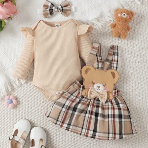 SHEIN Persoplay Kids Baby Girls' Round Collar Long Sleeve Romper With Ruffle Detailing And Plaid Suspender Dress With Cute Bear Applique Set, With Headband Apricot