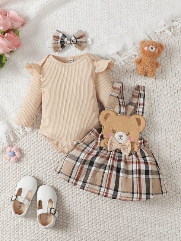 SHEIN Persoplay Kids Baby Girls' Round Collar Long Sleeve Romper With Ruffle Detailing And Plaid Suspender Dress With Cute Bear Applique Set, With Headband Apricot