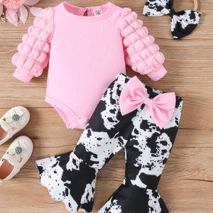 SHEIN Ranchside Kids Baby Girl 3pcs/Set Round Neck Bubble Long Sleeve Jumpsuit + Flared Pants + Bow Headband Pink