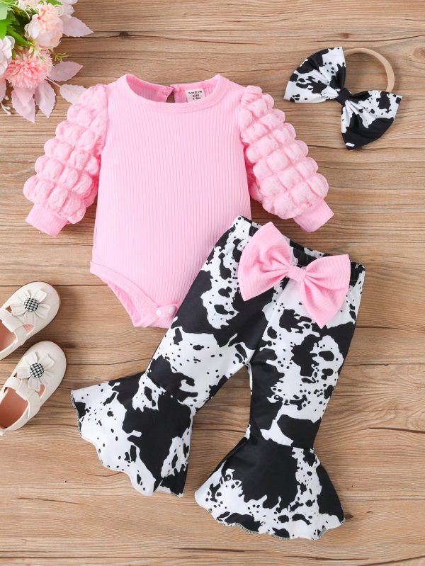 SHEIN Ranchside Kids Baby Girl 3pcs/Set Round Neck Bubble Long Sleeve Jumpsuit + Flared Pants + Bow Headband Pink