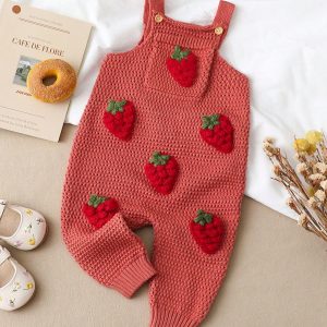 Baby Girl Casual Strawberry Decorated Knitted Jumpsuit Pink