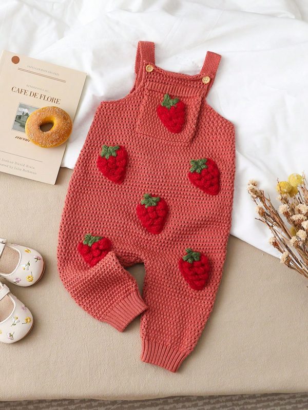 Baby Girl Casual Strawberry Decorated Knitted Jumpsuit Pink