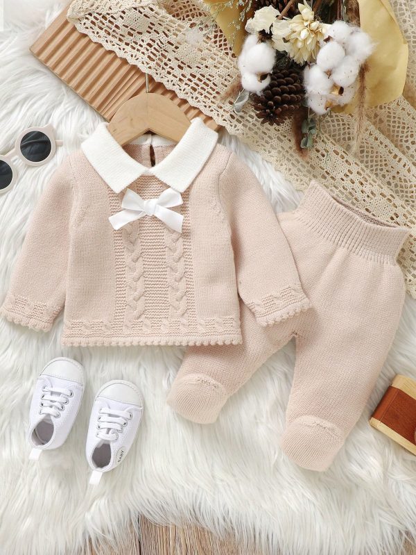 SHEIN Unisex Newborns' Apricot-Colored Solid Color Fashionable, Casual, Cute, Comfortable, Soft, Simple, Versatile Long Sleeve Sweater Paired With Footed Pants, 2pcs/Set Suitable For Daily Home Wear, Outdoor Activities, Parties, Autumn And Winter Seasons Apricot