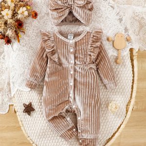 Baby Girls Autumn/Winter Knitted Textured Fleece Jumpsuit + Stylish Hooded Hat Set Coffee Brown