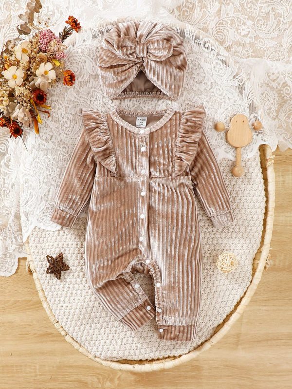 Baby Girls Autumn/Winter Knitted Textured Fleece Jumpsuit + Stylish Hooded Hat Set Coffee Brown