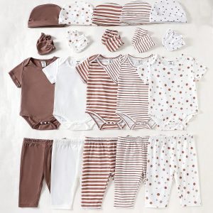 20pcs/Set Baby Boys 5pcs Bodysuits + 5pcs Pants + 5pcs Hats + 5 Pairs Gloves Summer Outfits Coffee Brown