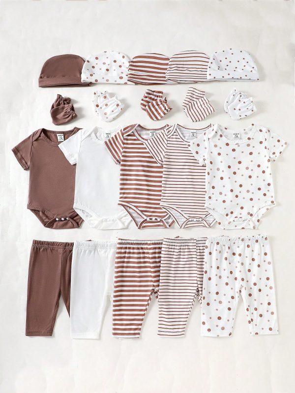 20pcs/Set Baby Boys 5pcs Bodysuits + 5pcs Pants + 5pcs Hats + 5 Pairs Gloves Summer Outfits Coffee Brown