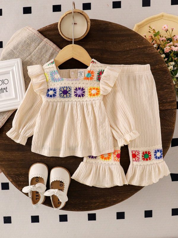 SHEIN New Fashion Baby Girls' Set - Knit Ribbon Long Sleeve Top + Bell-Bottoms Long Pants Apricot