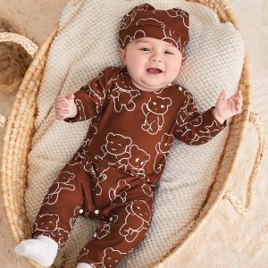 2pcs/Set Newborn Baby Boy Casual Daily Cute Bear Print Rompers With Hat, Suitable For Fall/Winter Maroon