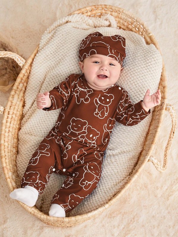 2pcs/Set Newborn Baby Boy Casual Daily Cute Bear Print Rompers With Hat, Suitable For Fall/Winter Maroon