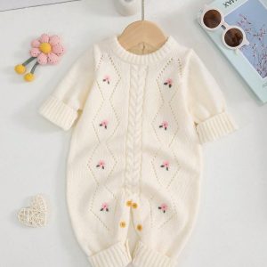 Baby Girl Floral Embroidery Long Sleeve Knit Romper, Autumn/Winter Beige