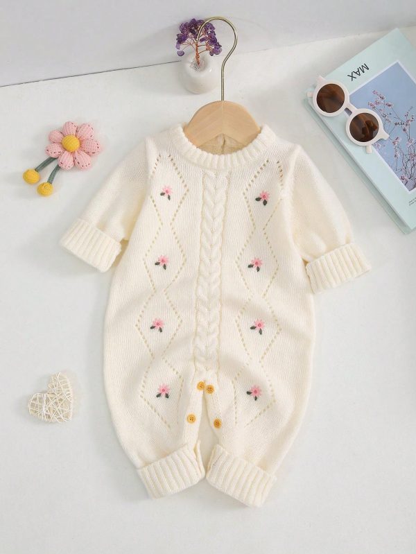 Baby Girl Floral Embroidery Long Sleeve Knit Romper, Autumn/Winter Beige