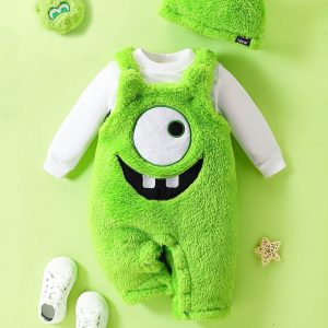 SHEIN Persoplay Kids Baby Boy Cute Monster Smiling Face Embroidery Plush Jumpsuit & White Long Sleeve Crew Neck Sweatshirt & Green Plush Embroidered Hat 3pc Set, For Fall/Winter Parties, Halloween Costume, Birthday Green