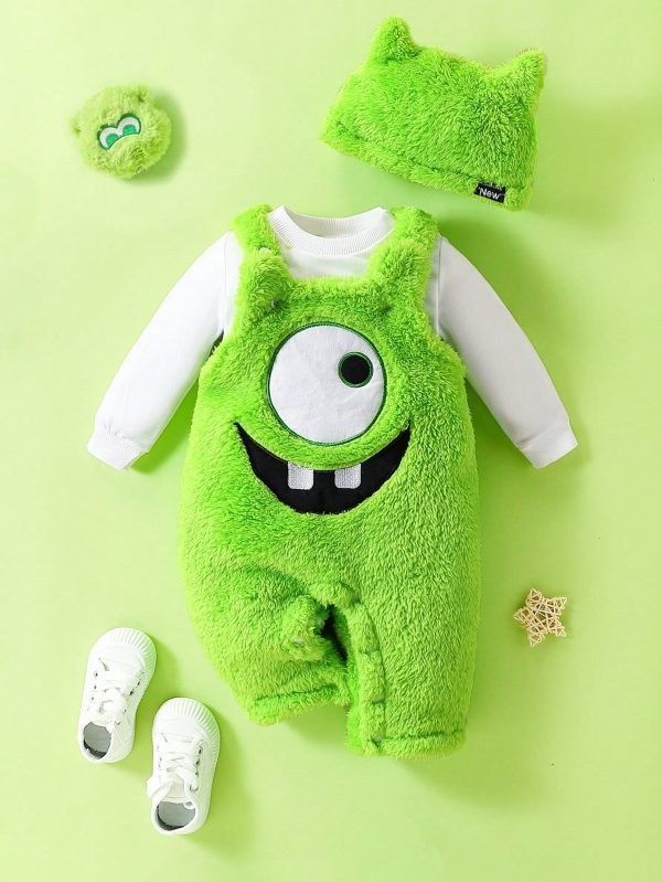 SHEIN Persoplay Kids Baby Boy Cute Monster Smiling Face Embroidery Plush Jumpsuit & White Long Sleeve Crew Neck Sweatshirt & Green Plush Embroidered Hat 3pc Set, For Fall/Winter Parties, Halloween Costume, Birthday Green