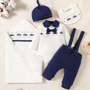 SHEIN Newborn Baby Girls / Boys Cute Knitted Outfit Gift Box Set 5-Piece 0-9 Month For BaptismalBaby Clothes Blue and White