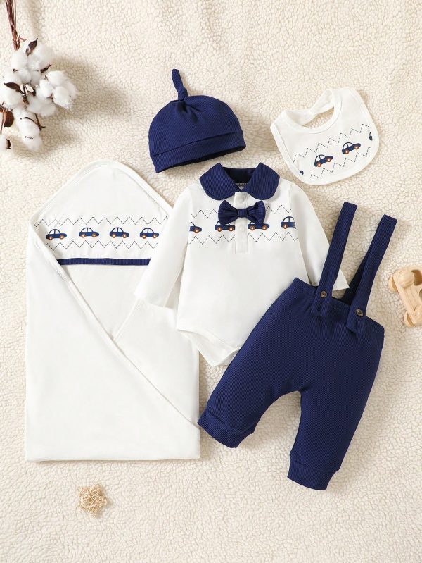 SHEIN Newborn Baby Girls / Boys Cute Knitted Outfit Gift Box Set 5-Piece 0-9 Month For BaptismalBaby Clothes Blue and White