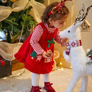 Baby Girls Turtleneck Striped Print Long Sleeve Top & Floral Print Dress Christmas Clothes Set Red