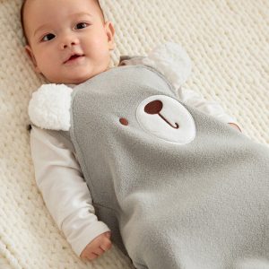 1pc Soft & Cozy Embroidered Teddy Bear Sherpa Sleeping Bag Grey