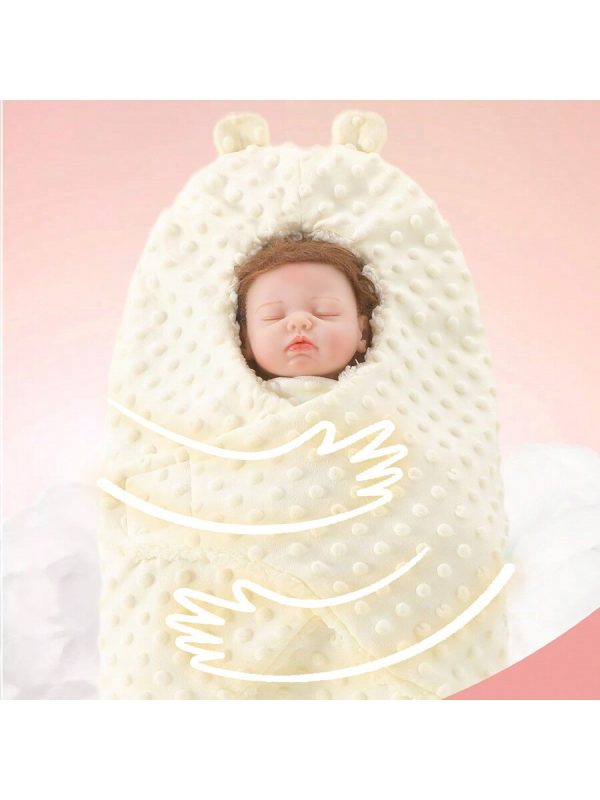 cottgoods 1pc Beige Soft Warm Plus Fleece Thick Hooded Baby Swaddle, Cozy Anti-Kick Plush Infant Sleep Bag With 3D Ear Design, Suitable For Autumn And Winter Beige