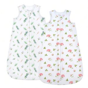 2 PCS Baby Sleep Sack 0.5 TOG Soft Cotton Baby Wearable Blanket With 2-Way Zipper Swaddle Transition Sleeping Bag Leaves+Roses