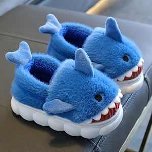 Cute Cartoon Shark Furry House Shoes For Baby Boys And Girls, Comfortable Non Slip Warm Soft Bottom Walking Shoes For Indoor, Autumn And Winter