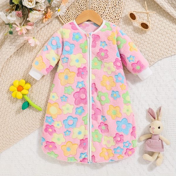 Floral Print Fleece Baby's Long Sleeve Sleep Bag - Double Zipper Cozy Wrap For Fall/Winter Warmth, Unisex, Cute And Soft