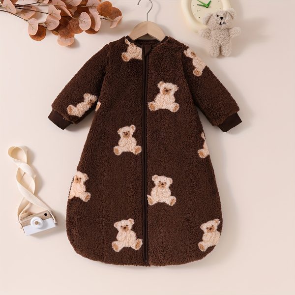 Soft And Warm Teddy Bear-themed Baby Sleeping Bag In Chocolate Color, Suitable For Both Boys And Girls, With Hidden Double Zipper Heads For Autumn And Winter.