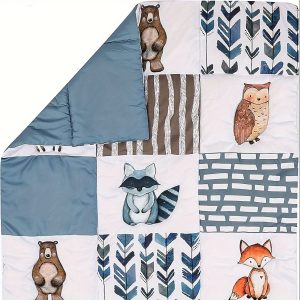 3-Piece Woodland Forest Animals Bedding Set, Bedding Sets for Boys, Navy Blue Plaid, Bear, Fox and Deer, Comforter, Skirt, Sheet