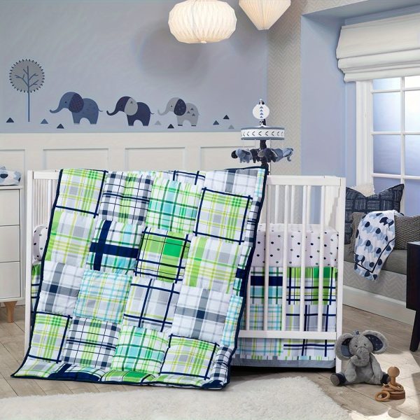 3 Piece Plaid Crib Bedding Set For Boys, Crib Set Green In Standard Size 52