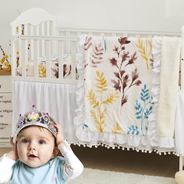 3pcs Bohemian Baby Toddler Bedding Set with Botanical Floral, Includes Crib Sheet, Crib Skirt, Crib Blanket.